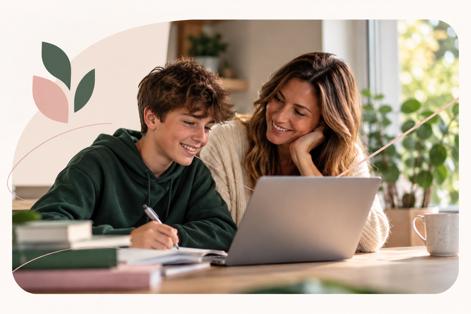 A mother supporting her son as he learns at home
